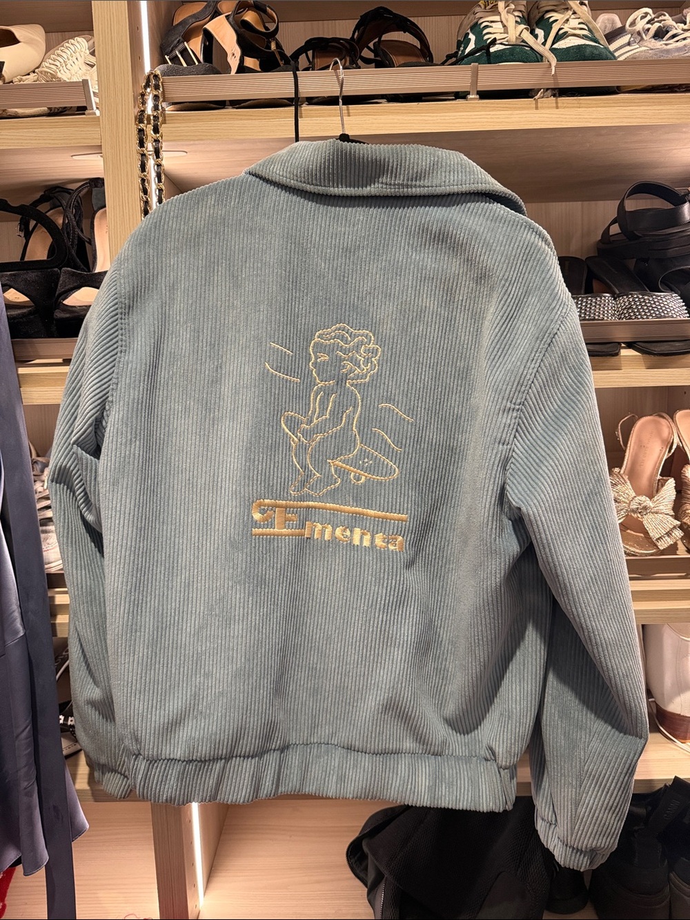 Corduroy Bomber Jacket with Angel Embroidery - Dusty Blue